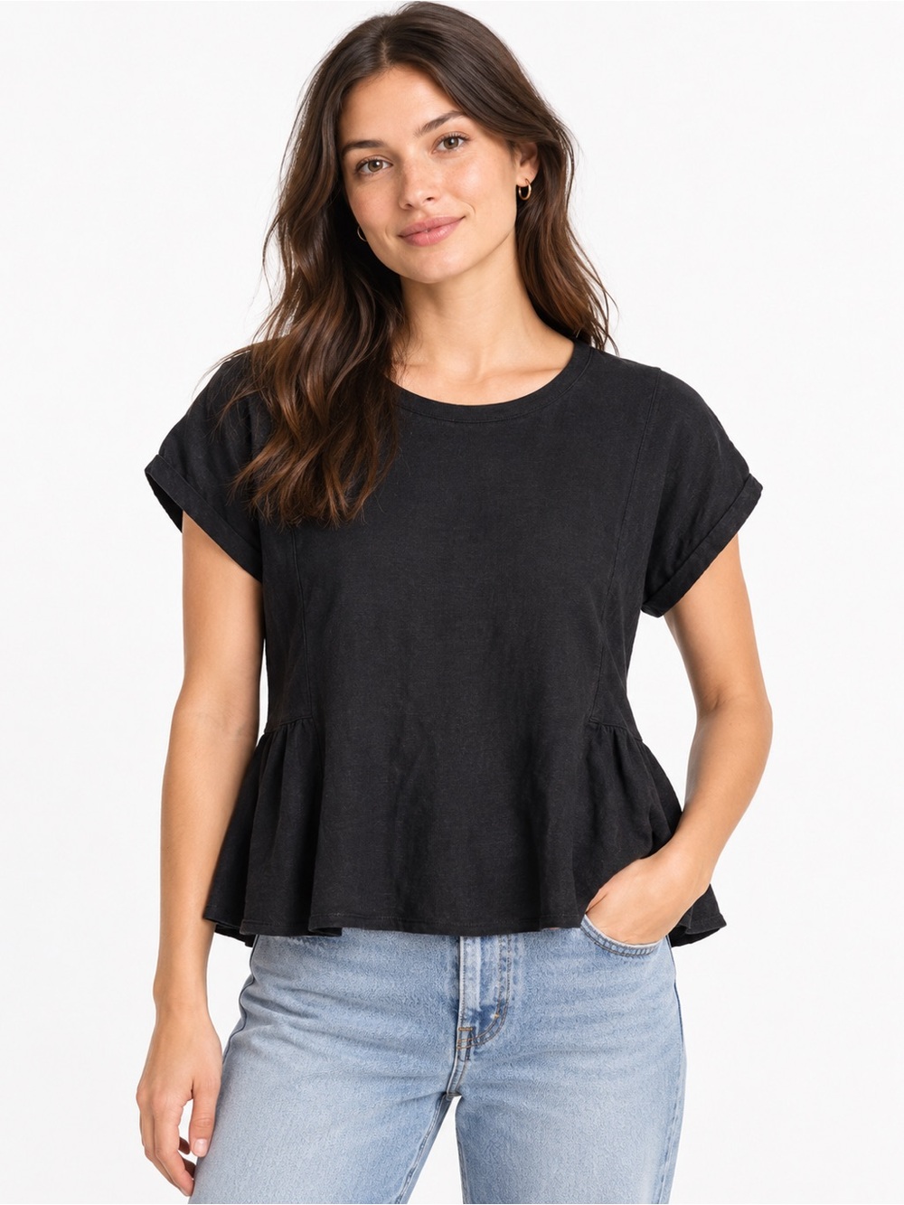 Madewell Modern Caplan Linen Gather Peplum Tee Black 100% Linen Extra Small